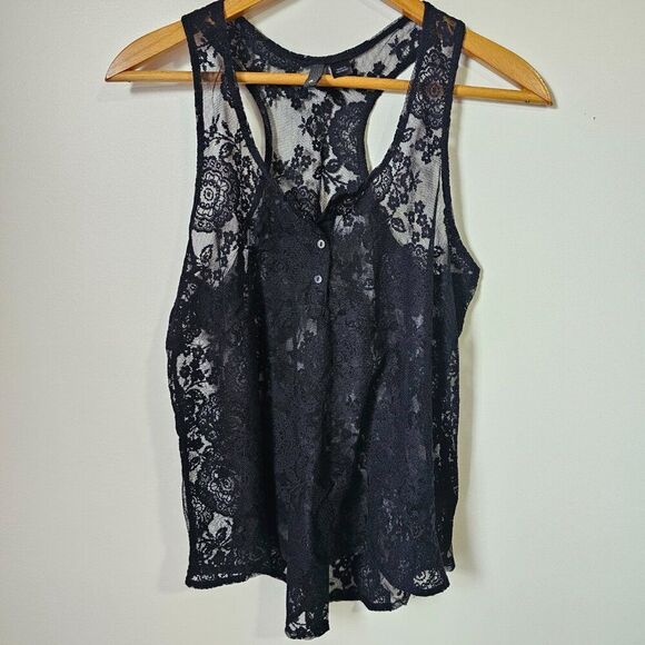EUC DIVIDED BY H&M BLACK LACE RACERBACK TANK TOP SCOOP NECK HALF BUTTOMED SZ 4/S - Picture 1 of 13